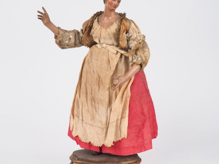 Santon Napolitain XIXème "jeune paysanne" en bois sculpté polychrome, 