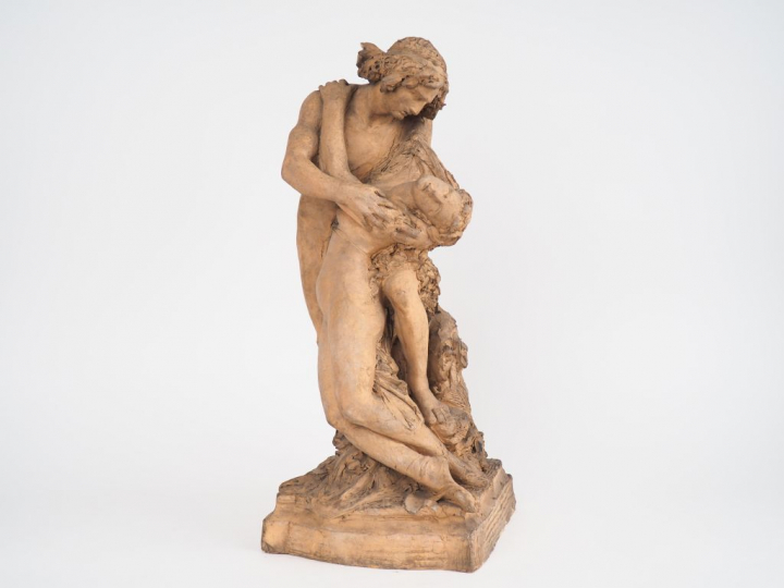Ecole française XIXème. "Orphée et Eurydice". Groupe en terre cuite. H