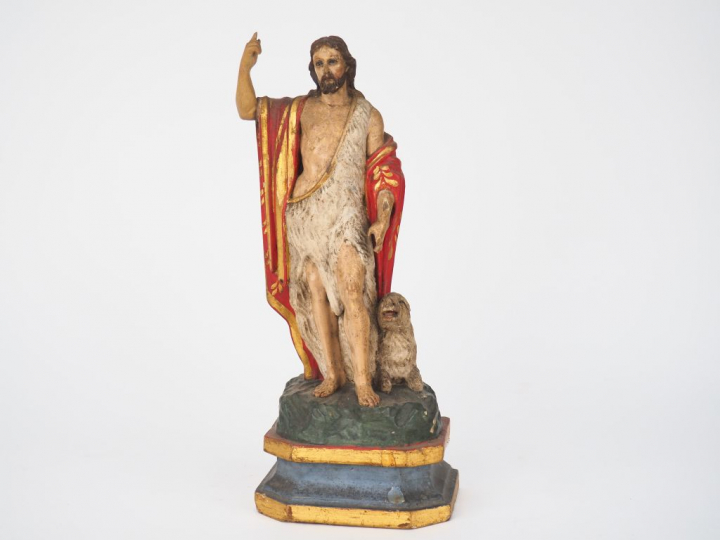 Sujet XIXème en bois sculpté polychrome "Saint Jean baptiste".  H. 27 