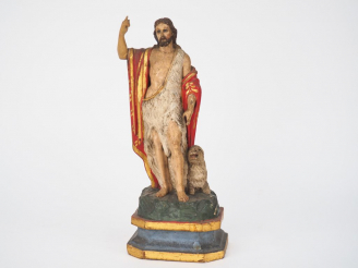 Vente aux enchères Sujet XIXème en bois sculpté polychrome "Saint Jean baptiste".  H. 27 