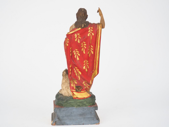 Sujet XIXème en bois sculpté polychrome "Saint Jean baptiste".  H. 27 