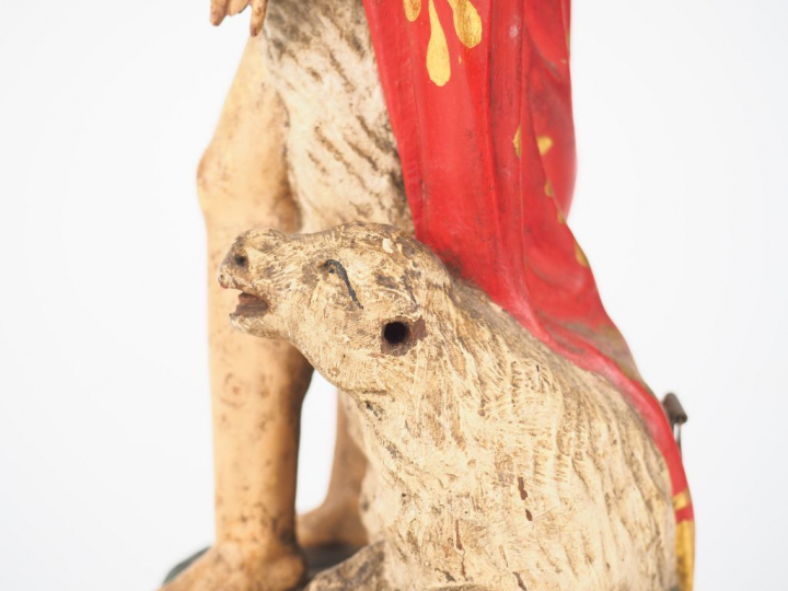 Sujet XIXème en bois sculpté polychrome "Saint Jean baptiste".  H. 27 