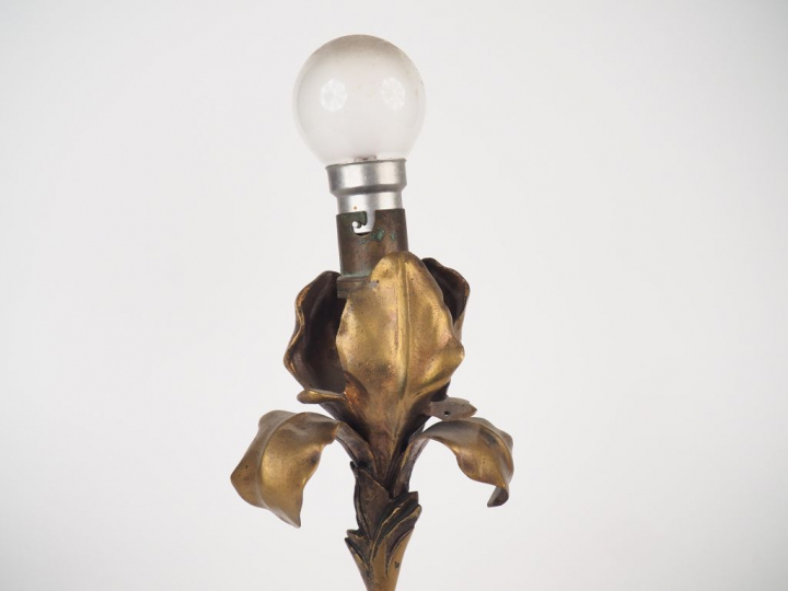 Pied de lampe Art Nouveau en bronze en forme d'iris. H. 28,5 cm.