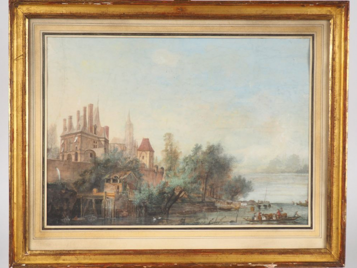Ecole française début XIXème. "Passage du gué au pied du château". Gou