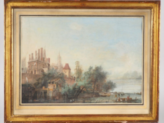 Vente aux enchères Ecole française début XIXème. "Passage du gué au pied du château". Gou