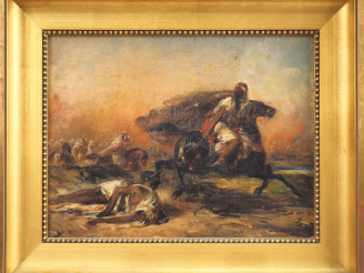 Vente aux enchères Ecole orientaliste XXème. "Guerriers arabes". Huile sur toile Dim. 31 