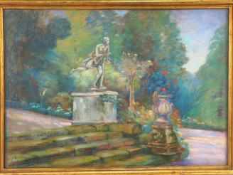 Vente aux enchères Ecole française fin XIXème. "Statue dans un parc en été"  Pastel monog