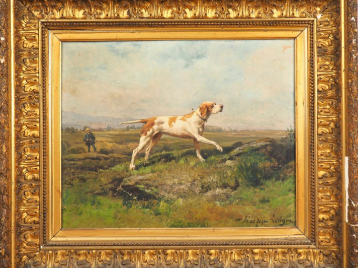 LEVIGNE OU LAVIGNE.  "Chien de chasse" Huile sur toile, signée en bas 