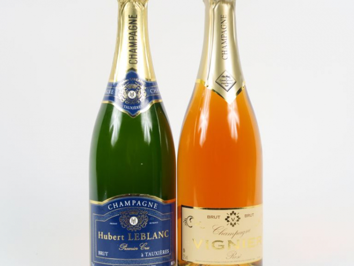2 BOUTEILLES CHAMPAGNE : 1 HUBERT LEBLANC 1er CRU - 1 VIGNIER ROSÉ