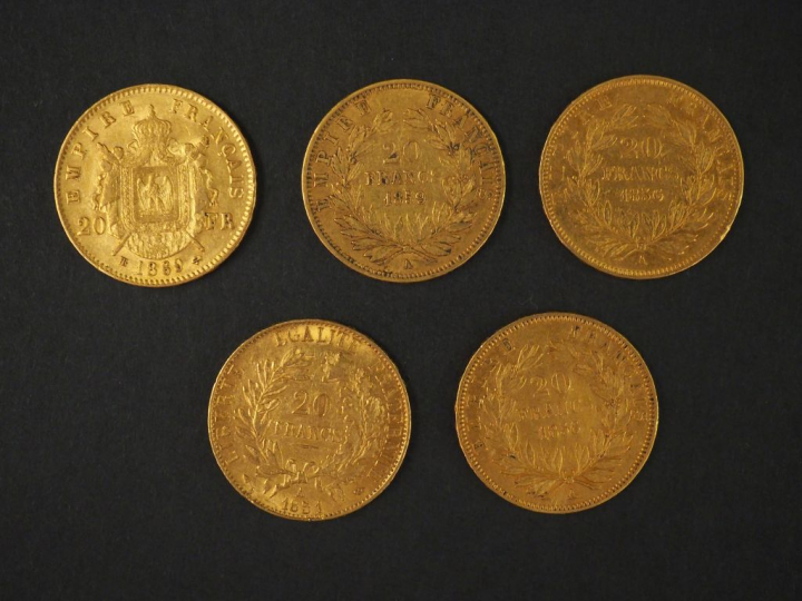 Cinq pièces de 20 francs or, 1851-A, 1856-A (x2), 1859-A, 1869-BB. FRA