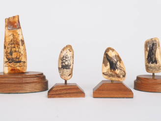 Vente aux enchères 4 Scrimshaw  gravés à décor de Cap-Horniers et de cétacés.  Dim. 5 x 3