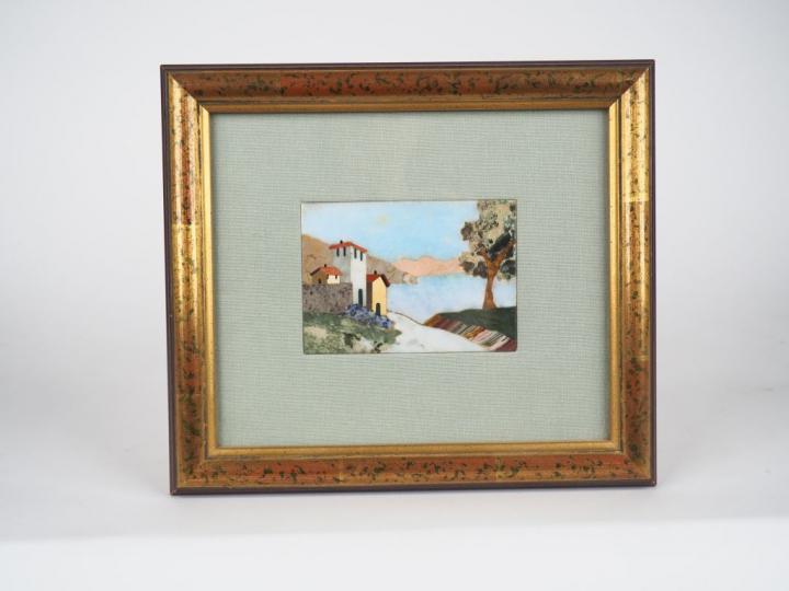 SCARPELLI. Plaque en marqueterie de marbre, "vue de village en bord de