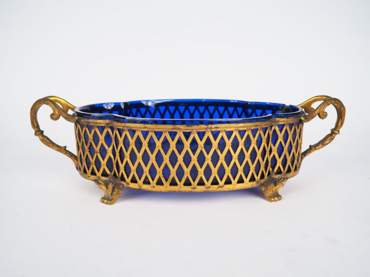 Jardinière Napoléon III de style Louis XVI en bronze et cristal bleu à