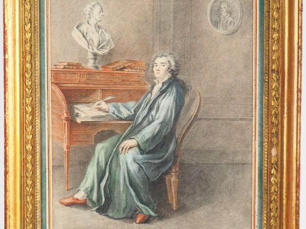 Ecole française fin XVIIIème. "Portrait de Chenier écrivant". Dessin e