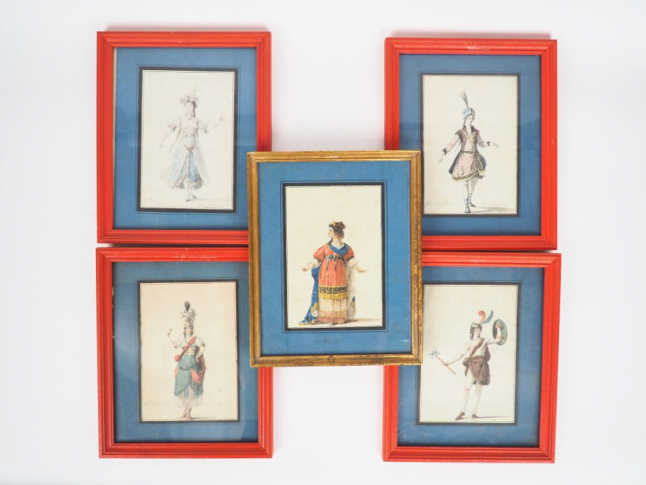 Ecole française XIXème. "Projets de costumes de théâtre". Suite de 5 D
