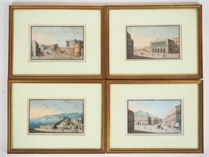 Suite de 4 gouaches napolitaines XIXème "le Pardo", "largo del castill