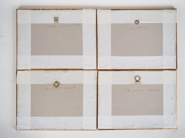 Suite de 4 gouaches napolitaines XIXème "le Pardo", "largo del castill