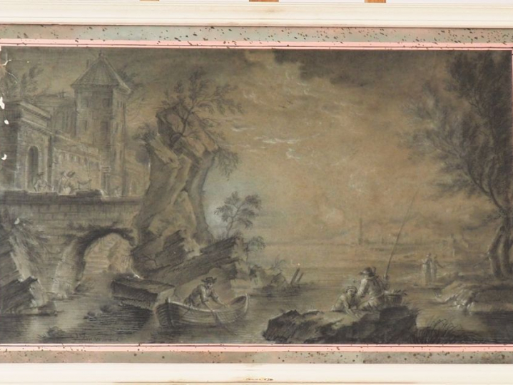 Dominique Joseph VAN DER BURCH. "Paysage lacustre animé près d'un chât