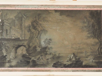 Vente aux enchères Dominique Joseph VAN DER BURCH. "Paysage lacustre animé près d'un chât