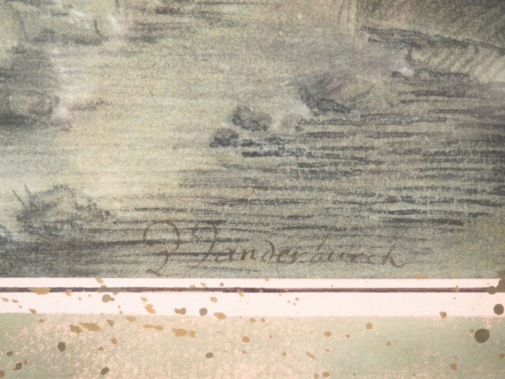 Dominique Joseph VAN DER BURCH. "Paysage lacustre animé près d'un chât