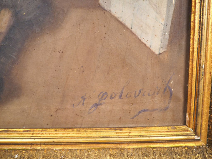 Ecole Russe (?) XIXème. "L'atelier du peintre". Huile sur toile, signé