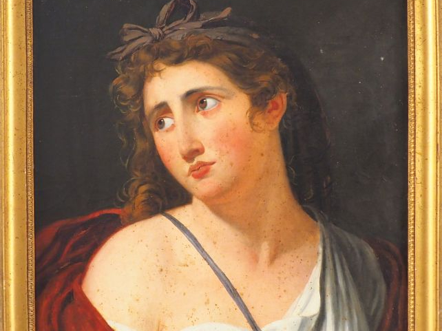 Ecole française XIXème. "Portrait de jeune femme à l'antique". Huile s