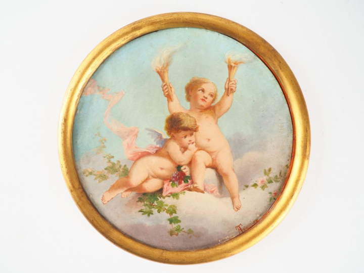TRINQUIER. "Angelots". Huile sur toile signée en bas à droite. Diam. 2
