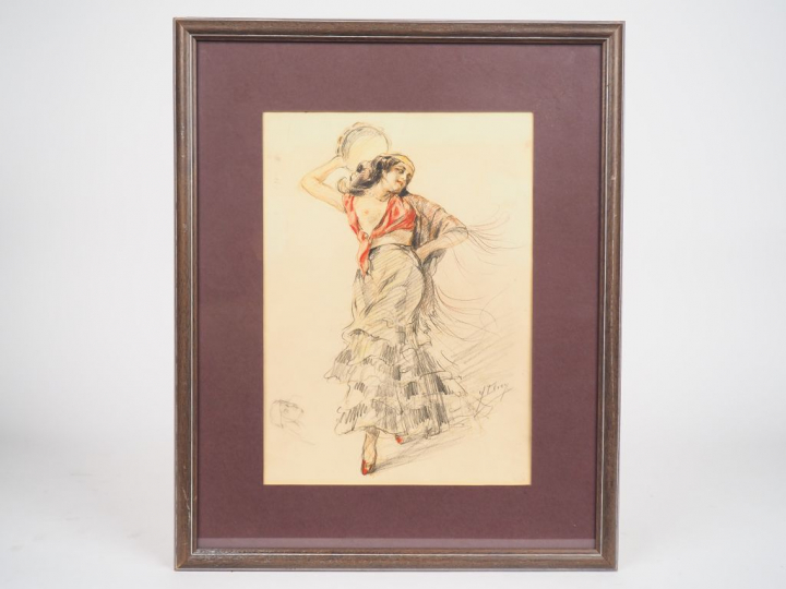 Yves DIEY. "Danseuse gitane". Dessin aquarellé signé en bas à droite. 