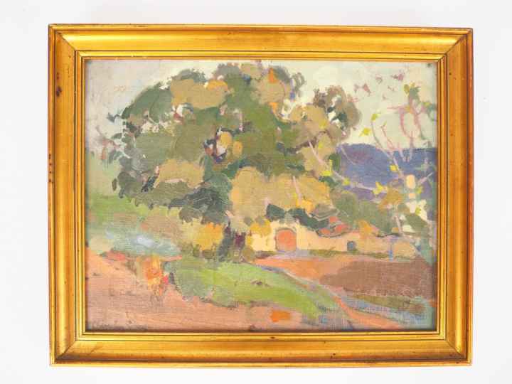 Rafael DURAN CAMPS. "Vue de village". Huile sur carton signée en bas à
