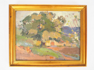Vente aux enchères Rafael DURAN CAMPS. "Vue de village". Huile sur carton signée en bas à