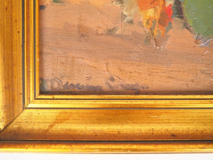 Rafael DURAN CAMPS. "Vue de village". Huile sur carton signée en bas à