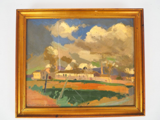 Vente aux enchères Rafael DURAN CAMPS. "Paysage". Huile sur carton signée en bas à gauche