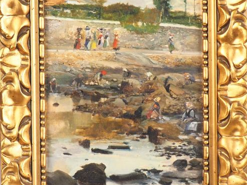 GARCIA y RAMOS. "Lavandières". Huile sur toile, signée en bas à gauche