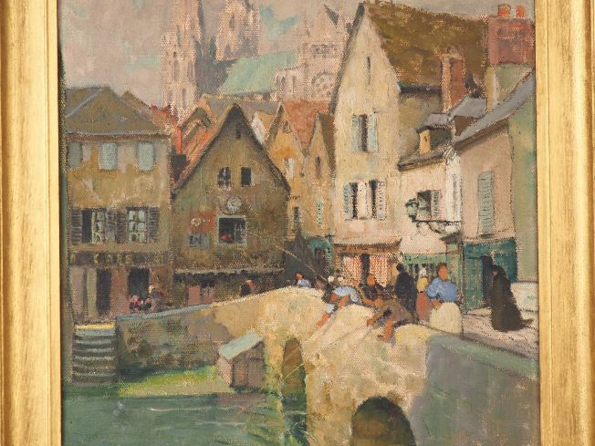 Jules René HERVE.  "Le pont Boujou et la Cathédrale de Chartres" Huile