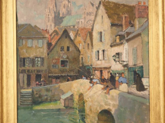 Vente aux enchères Jules René HERVE.  "Le pont Boujou et la Cathédrale de Chartres" Huile