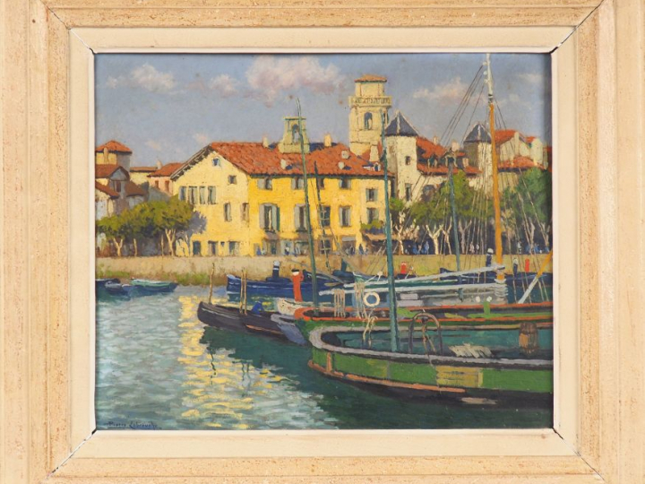 Pierre LABROUCHE. "Le Port de St Jean de luz". Huile sur isorel, signé