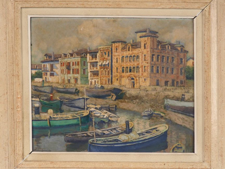 Pierre LABROUCHE. "Quai de l'Infante à Saint Jean de Luz". Huile sur i
