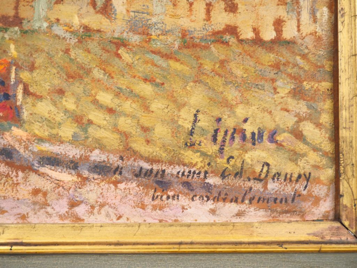 Joseph LEPINE. "La Seine le long de Notre Dame".  Huile sur panneau, s
