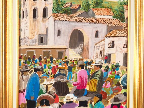 P. LEULLIER. "Marché bolivien". Huile sur carton, signée en bas à droi