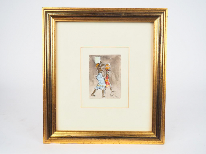 NASCEAU. "Femmes africaines". Aquarelle signée et datée en bas à droit