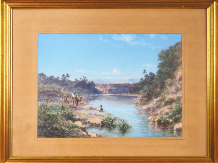 Paul PASCAL. "Chameliers en bord de rivière". Gouache signée en bas à 