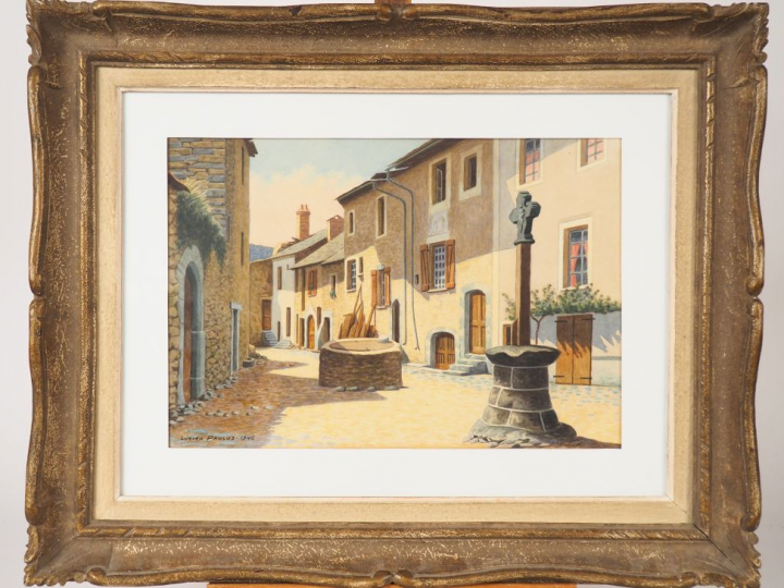 Lucien PAULUS. "Place de village ensoleillée". Aquarelle signée en bas