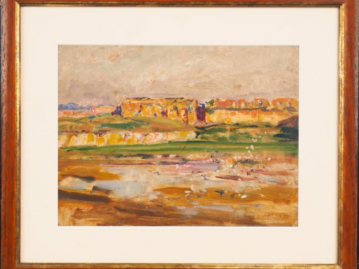 Henri ROUSSEAU. "Grand bassin de Meknès" Huile sur panneau, tampon d'a