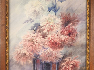 Vente aux enchères N. SERVOIS. "bouquet de Chrysanthèmes dans un vase". Aquarelle, signée