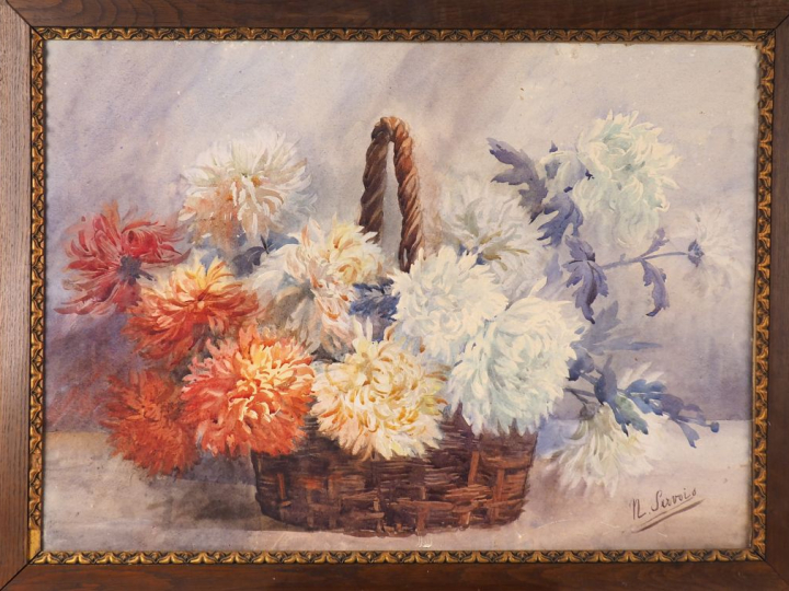 N. SERVOIS. "Bouquet de Chrysanthèmes dans un panier en osier". Aquare