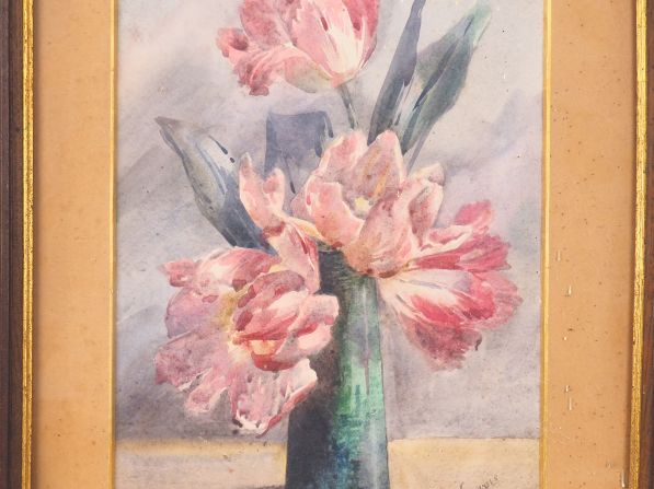 N. SERVOIS. "Bouquet de tulipes". Aquarelle, signée en bas à droite. D
