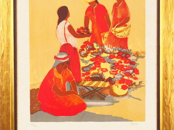 Eliane THIOLLIER. "les marchandes de fleurs". Lithographie en couleur 