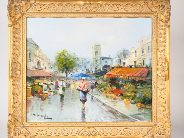Ecole française XXème. "Le marché aux fleurs". Huile sur toile, signée
