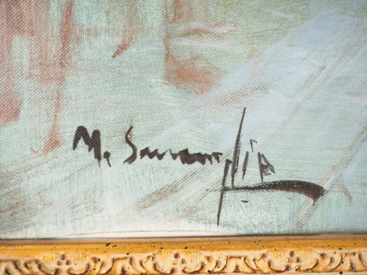 Ecole française XXème. "Le marché aux fleurs". Huile sur toile, signée