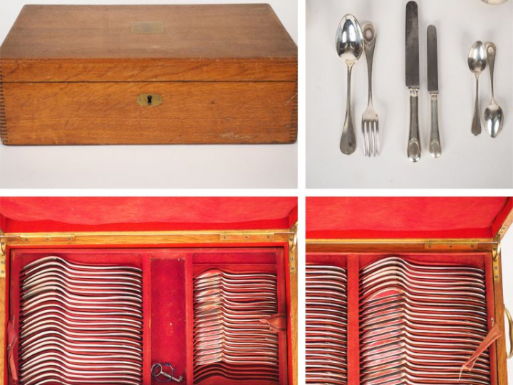 Ménagère de style Louis XVI en argent, poinçon Minerve, modèle à carto